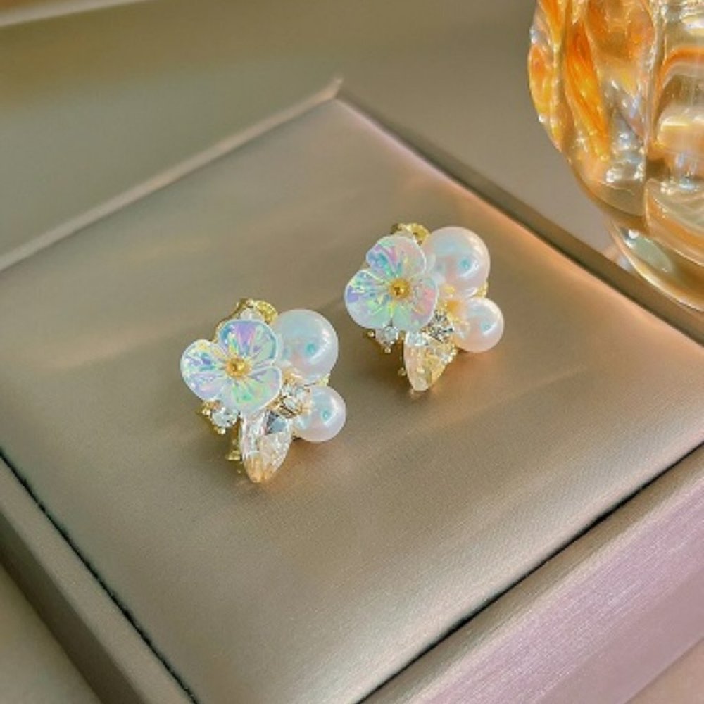 Sterling Silver 925 Flower & Faux Pearl Stud Earrings